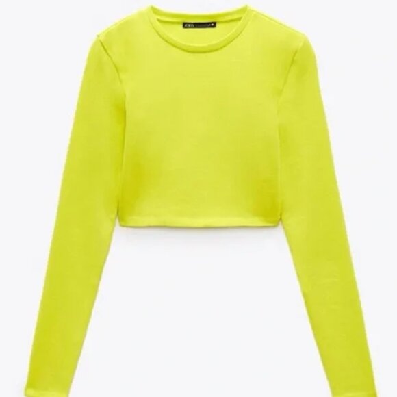 🦋 NWT 🌸 ZARA NEON YELLOW GREEN CROPPED LONG SLEEVE TEE TOP SHIRT SMALL - Picture 2 of 2